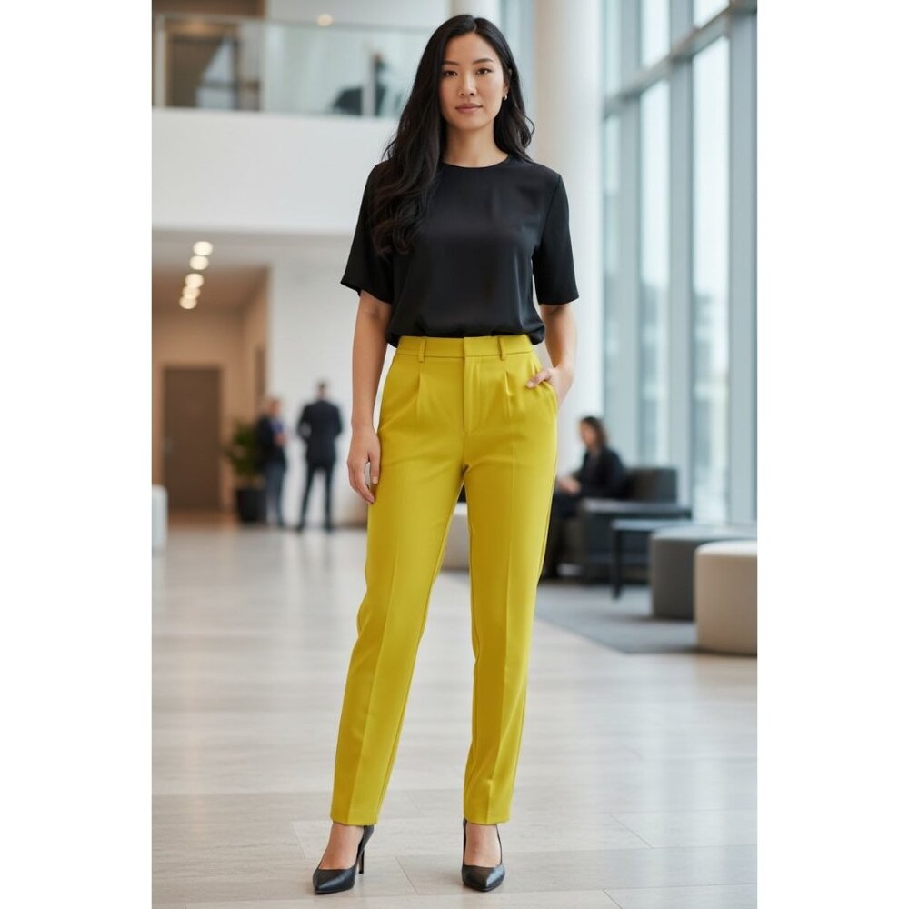 Yellow Tailored Womens S Pants With Flat Front Slim Fit Office Wear High Rise